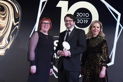 Cinema of the year - 25 screens or over winner West Norwood Picturehouse (centre) with presenter Lucy Jones, ComScore (left) and host Sally Phillips (right)